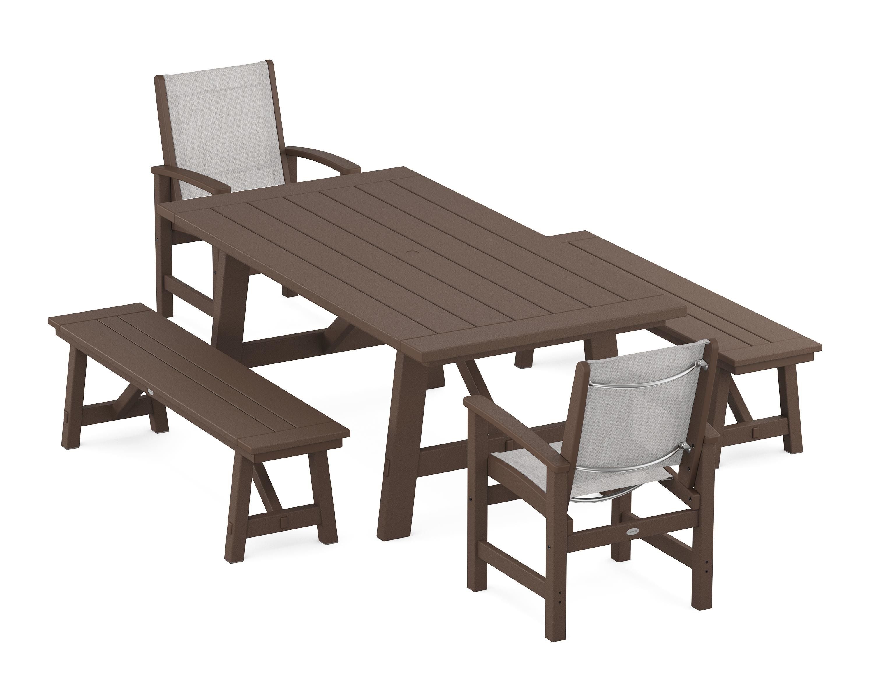 POLYWOOD® Coastal 5-Piece Rustic Farmhouse Dining Set With Benches in Mahogany / Parchment Sling