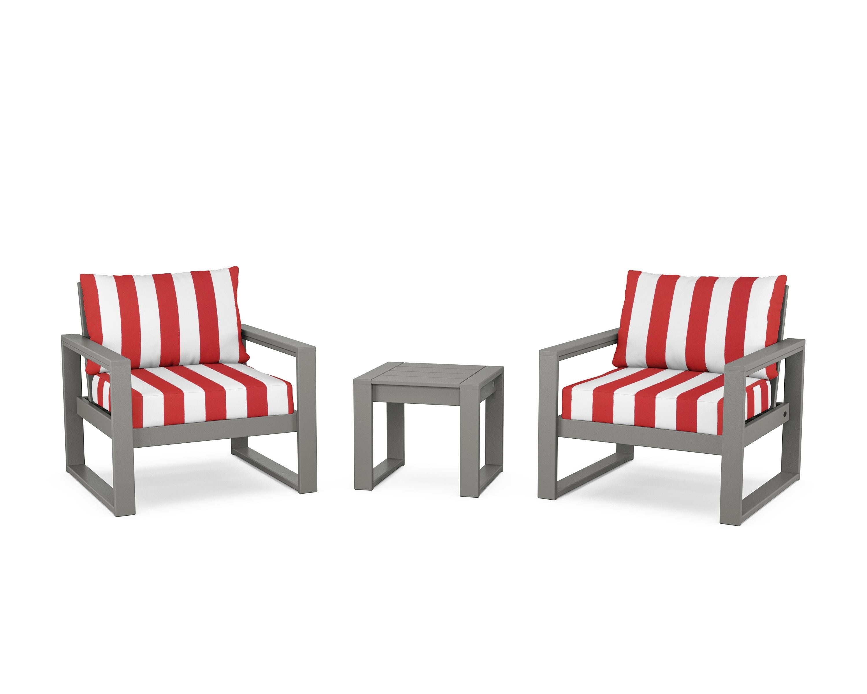 POLYWOOD® EDGE Sectional 3-Piece Deep Seating Set in Slate Grey / Cabana Stripe Crimson