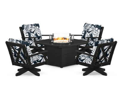 POLYWOOD® Braxton 5-Piece Deep Seating Swivel Conversation Set with Fire Pit Table in Black / Leaf Marine Indigo