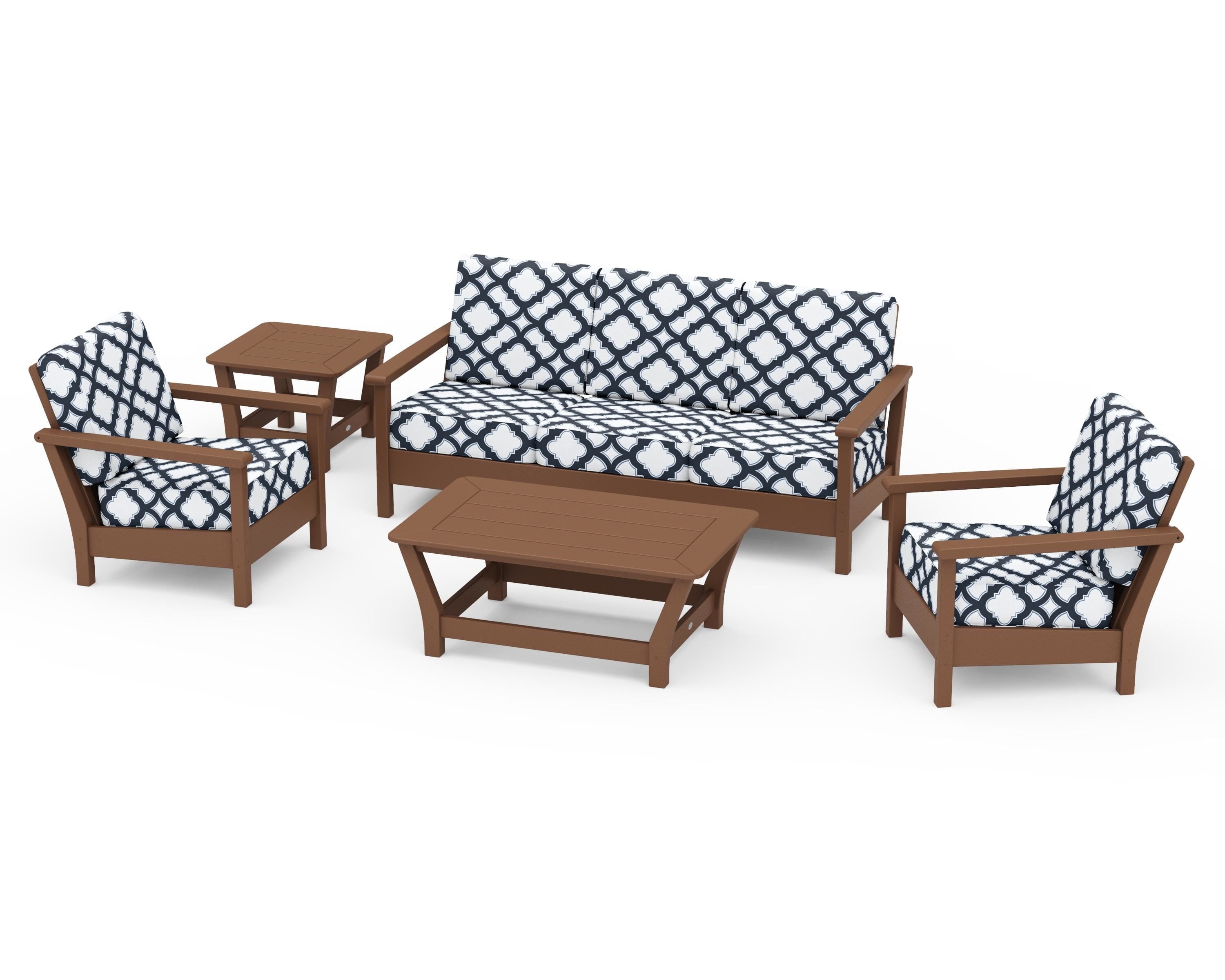 POLYWOOD® Harbour 5-Piece Deep Seating Set in Teak / Trellis Marine Indigo