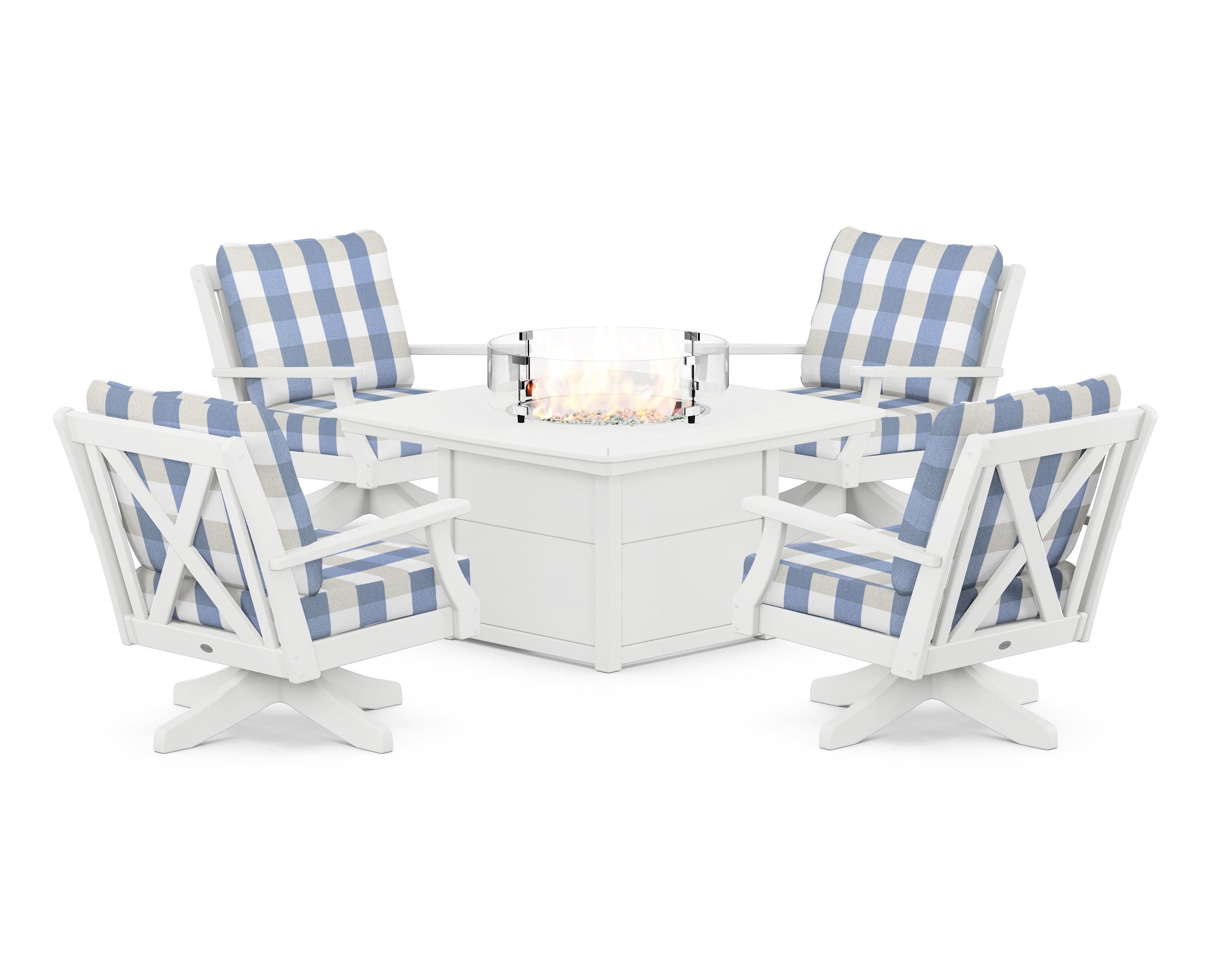 POLYWOOD® Braxton 5-Piece Deep Seating Swivel Conversation Set with Fire Pit Table in White / Buffalo Plaid Sky Blue