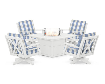 POLYWOOD® Braxton 5-Piece Deep Seating Swivel Conversation Set with Fire Pit Table in White / Buffalo Plaid Sky Blue