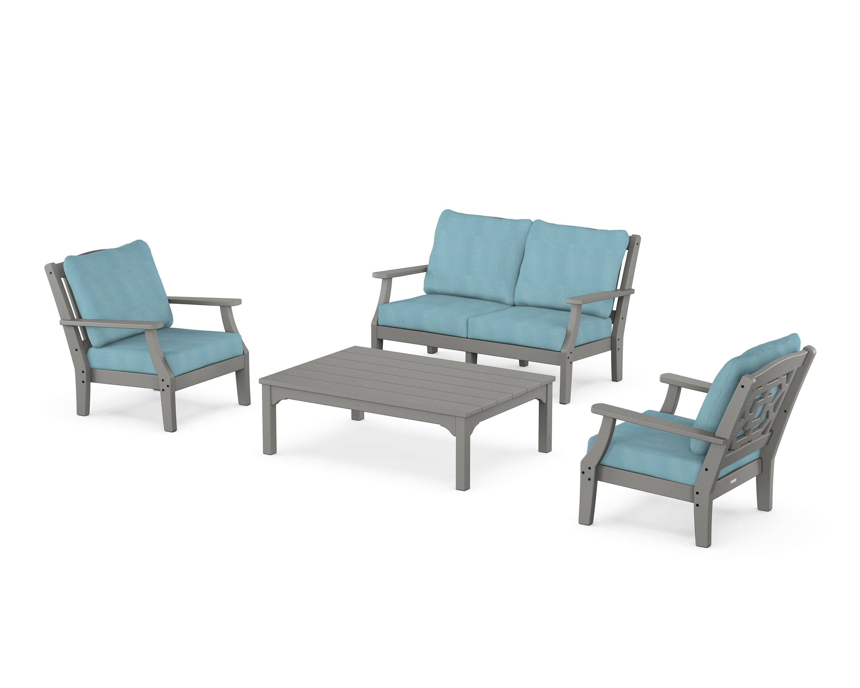 Martha Stewart by POLYWOOD® Chinoiserie 4-Piece Deep Seating Set with Loveseat in Slate Grey / Lattice Sky Blue