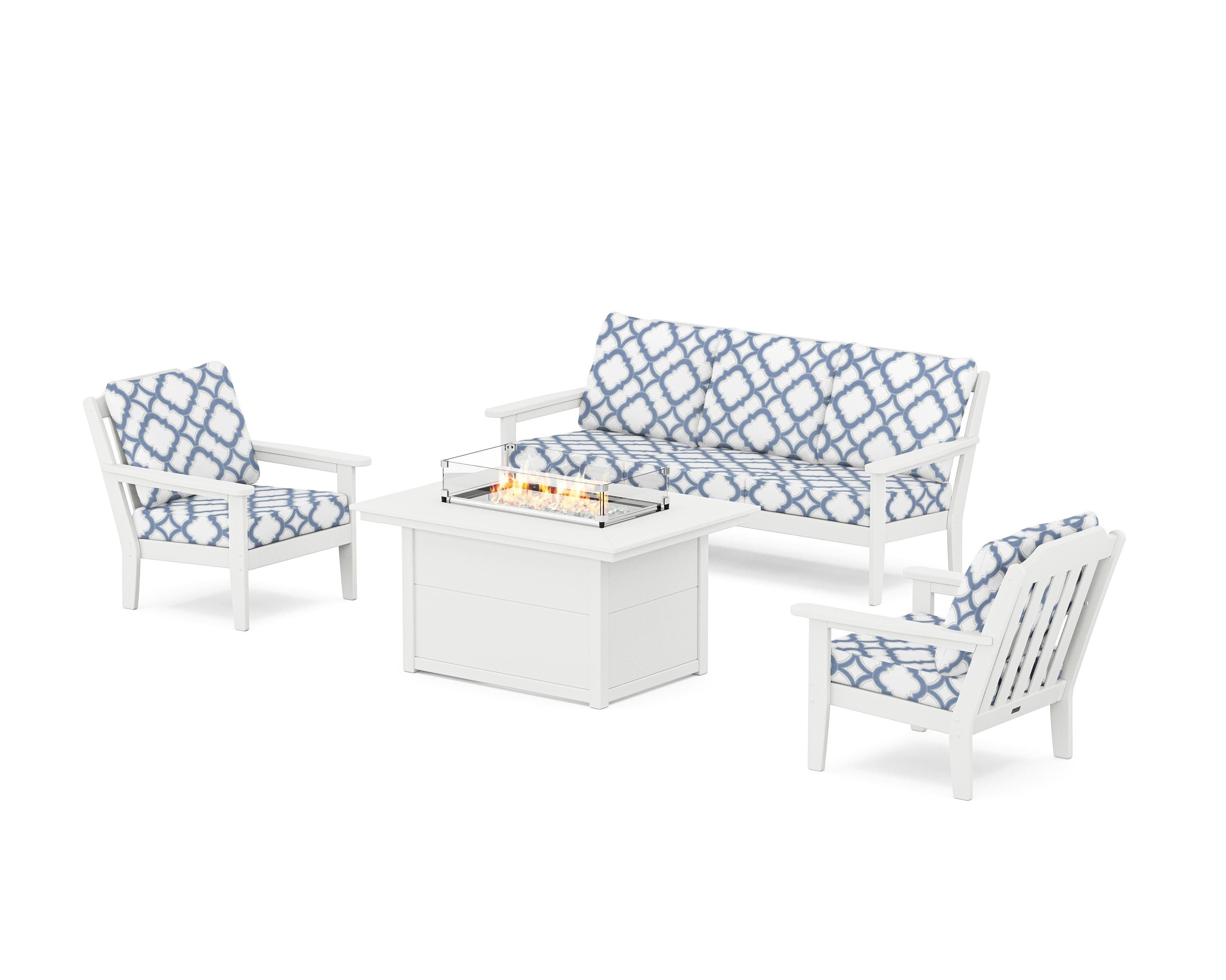 Country Living Cottage Deep Seating Fire Pit Table Set in White / Trellis Sky Blue
