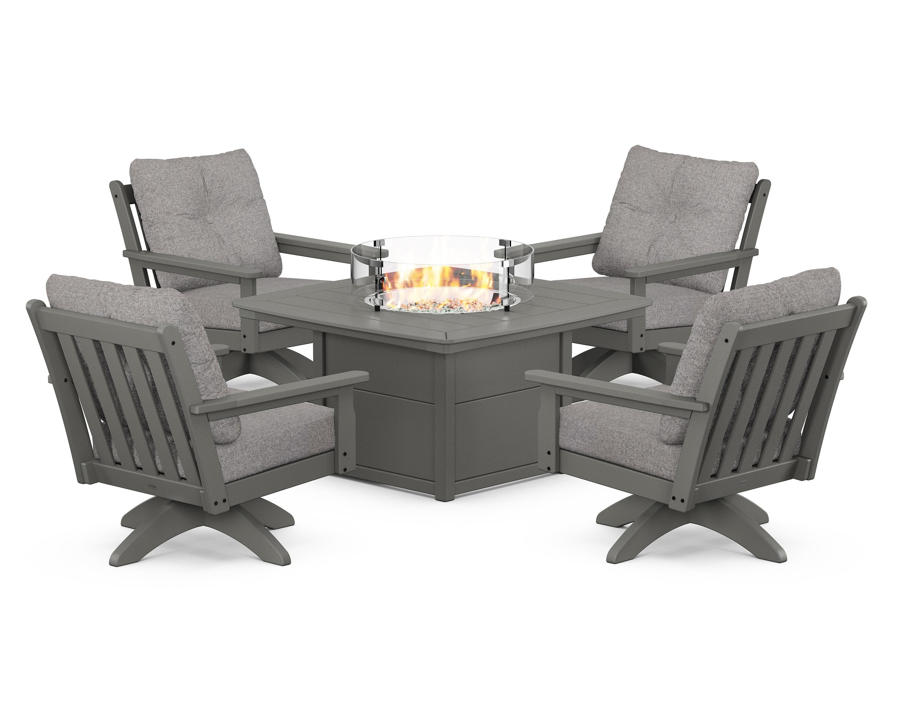 POLYWOOD® Vineyard 5-Piece Deep Seating Swivel Conversation Set with Fire Pit Table in Slate Grey / Grey Mist
