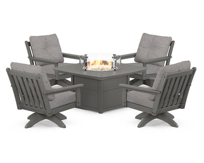 POLYWOOD® Vineyard 5-Piece Deep Seating Swivel Conversation Set with Fire Pit Table in Slate Grey / Grey Mist
