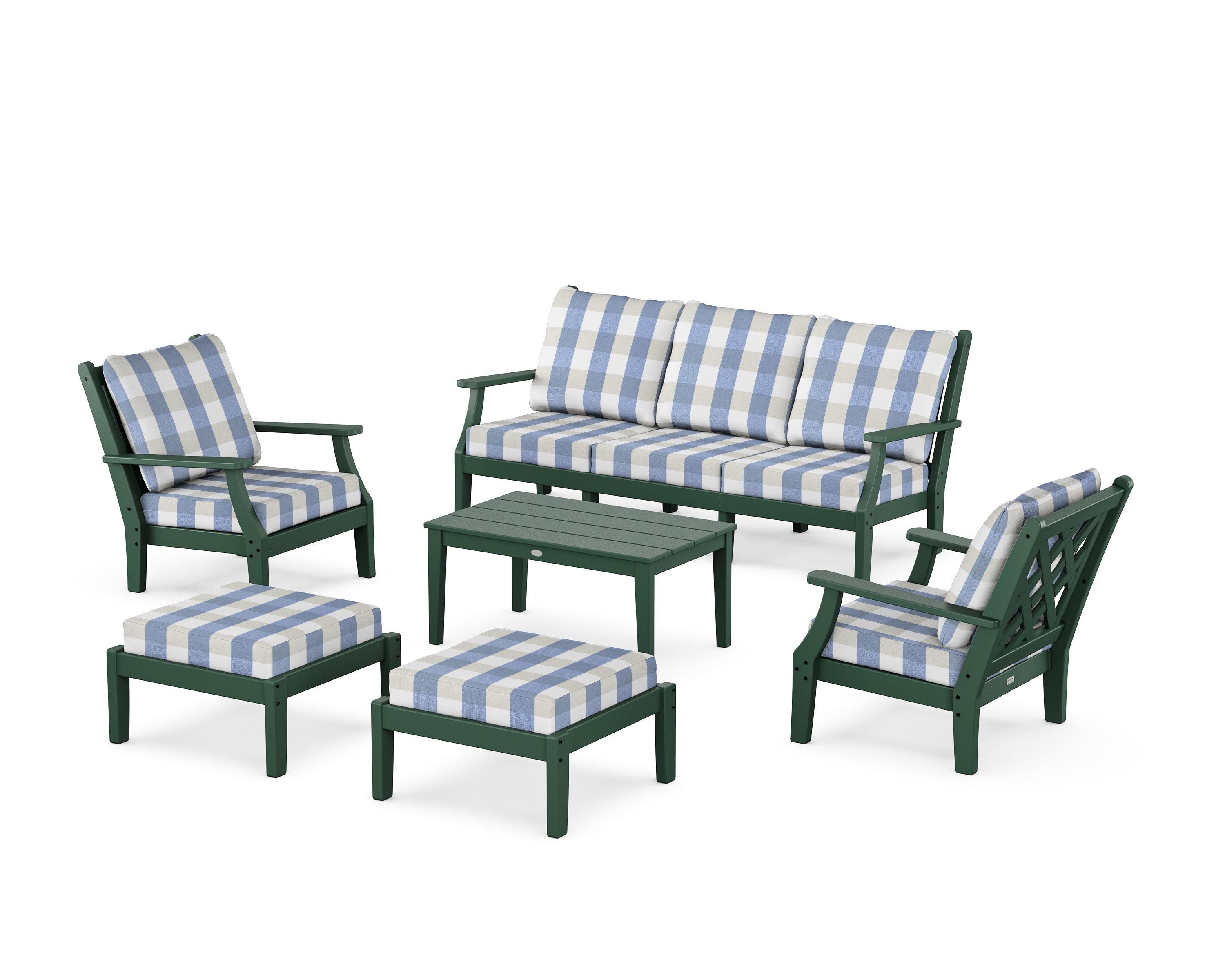 Country Living Wovendale 6-Piece Lounge Sofa Set in Green / Buffalo Plaid Sky Blue