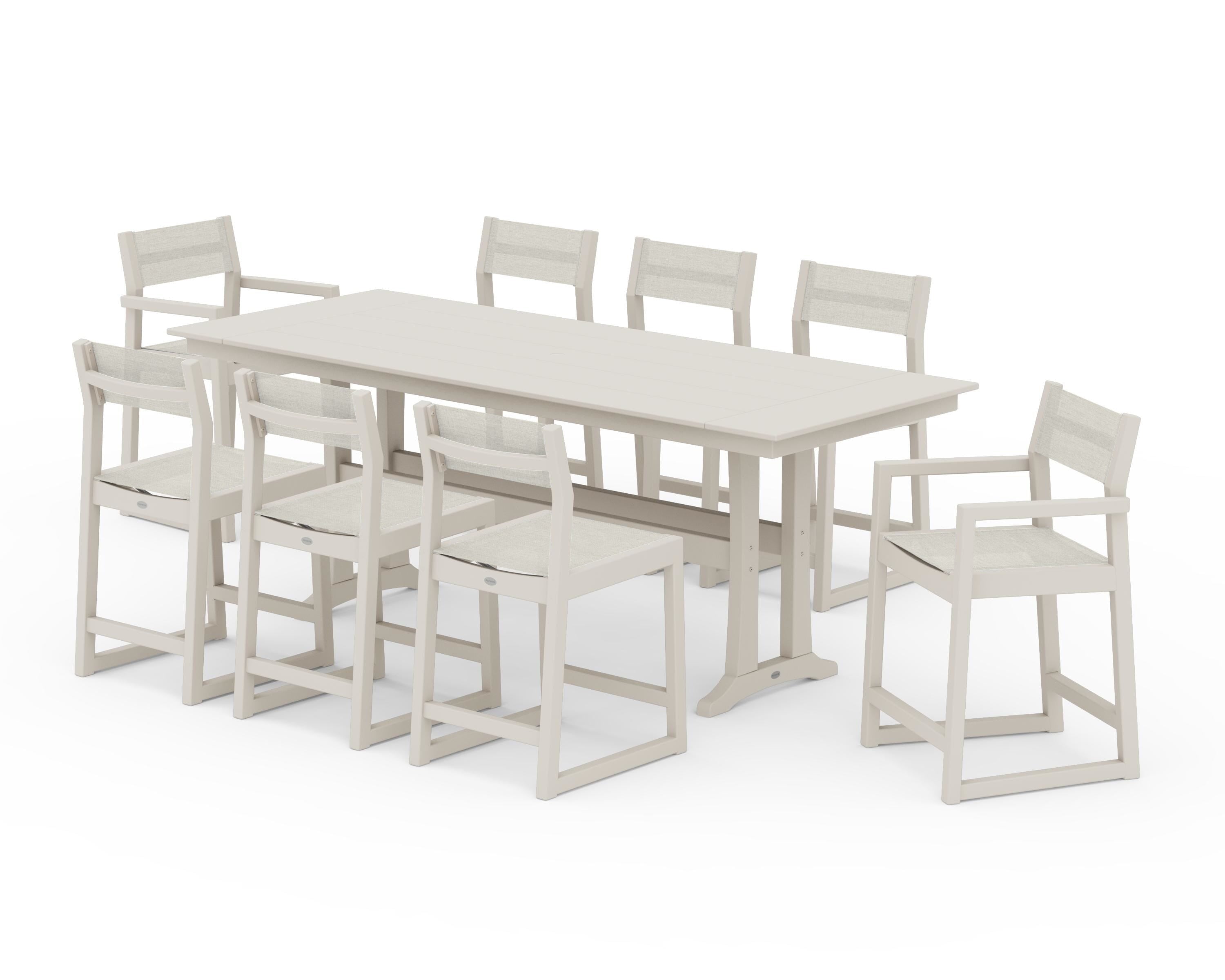 POLYWOOD® EDGE Sling 9-Piece Farmhouse Counter Set with Trestle Legs in Sand / Parchment Sling