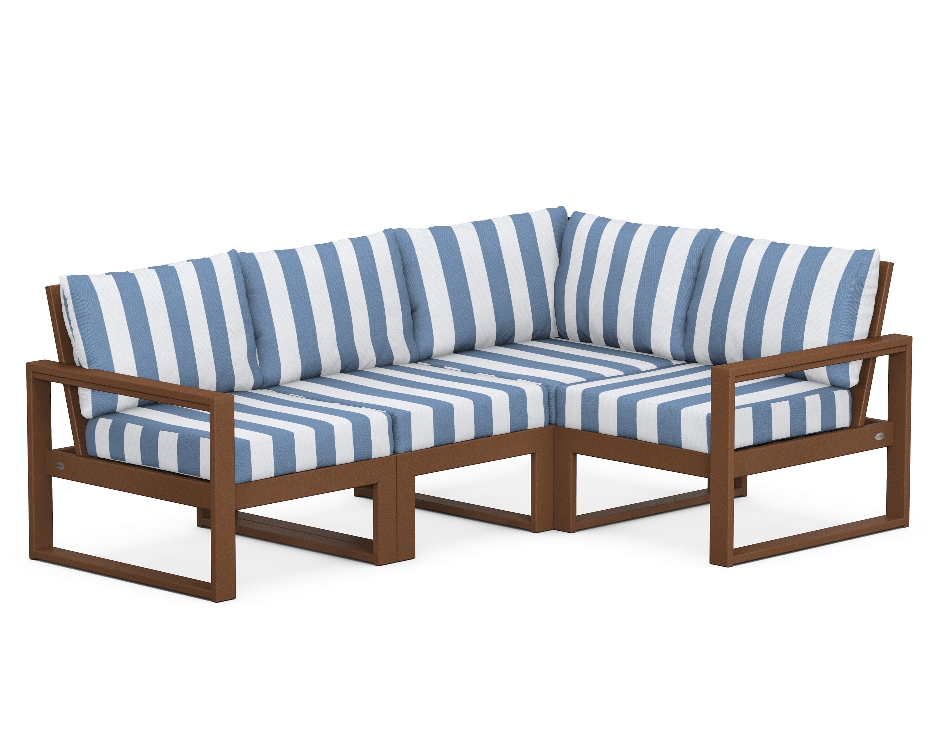 POLYWOOD® EDGE 4-Piece Modular Deep Seating Set in Teak / Cabana Stripe Sky Blue