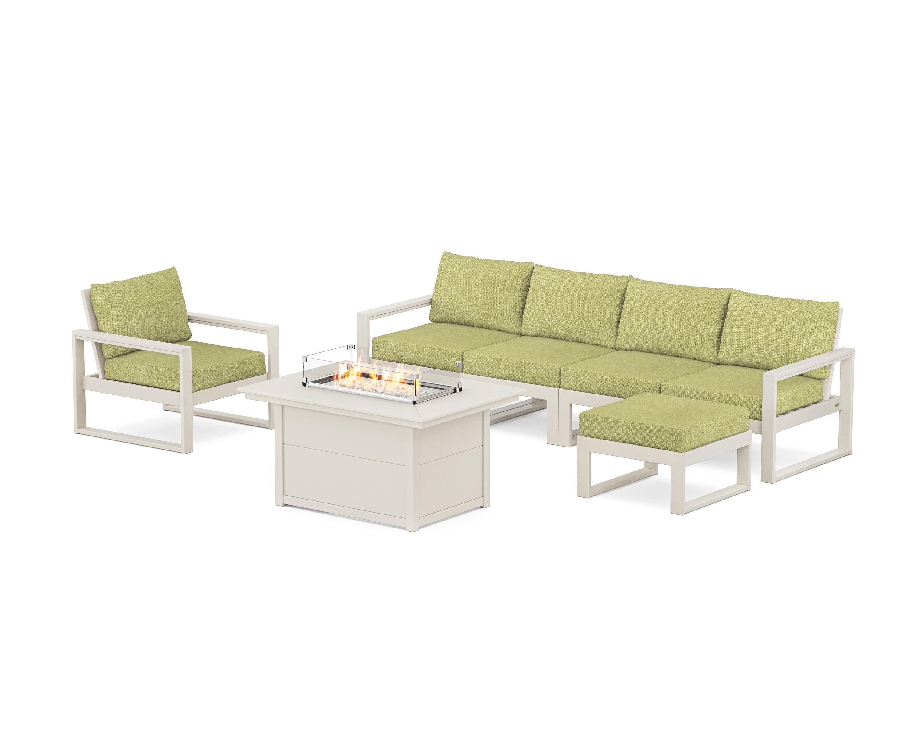 POLYWOOD® EDGE Sectional Lounge and Fire Pit Set in Sand / Chartreuse Boucle