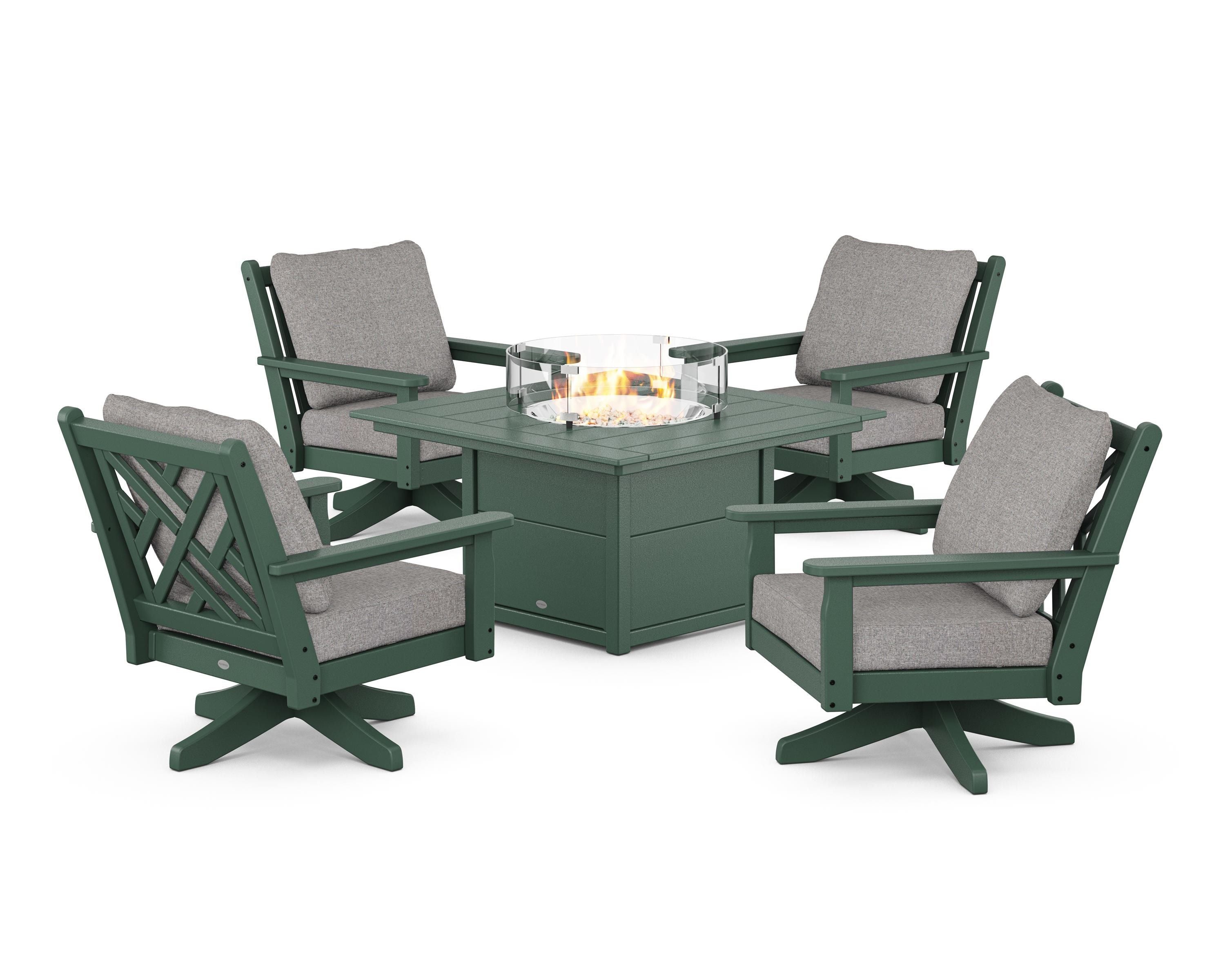 POLYWOOD® Chippendale 5-Piece Deep Seating Swivel Conversation Set with Fire Pit Table in Green / Grey Mist