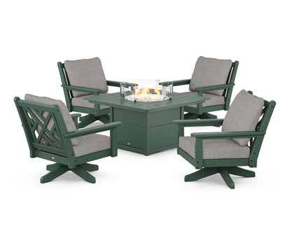 POLYWOOD® Chippendale 5-Piece Deep Seating Swivel Conversation Set with Fire Pit Table in Green / Grey Mist