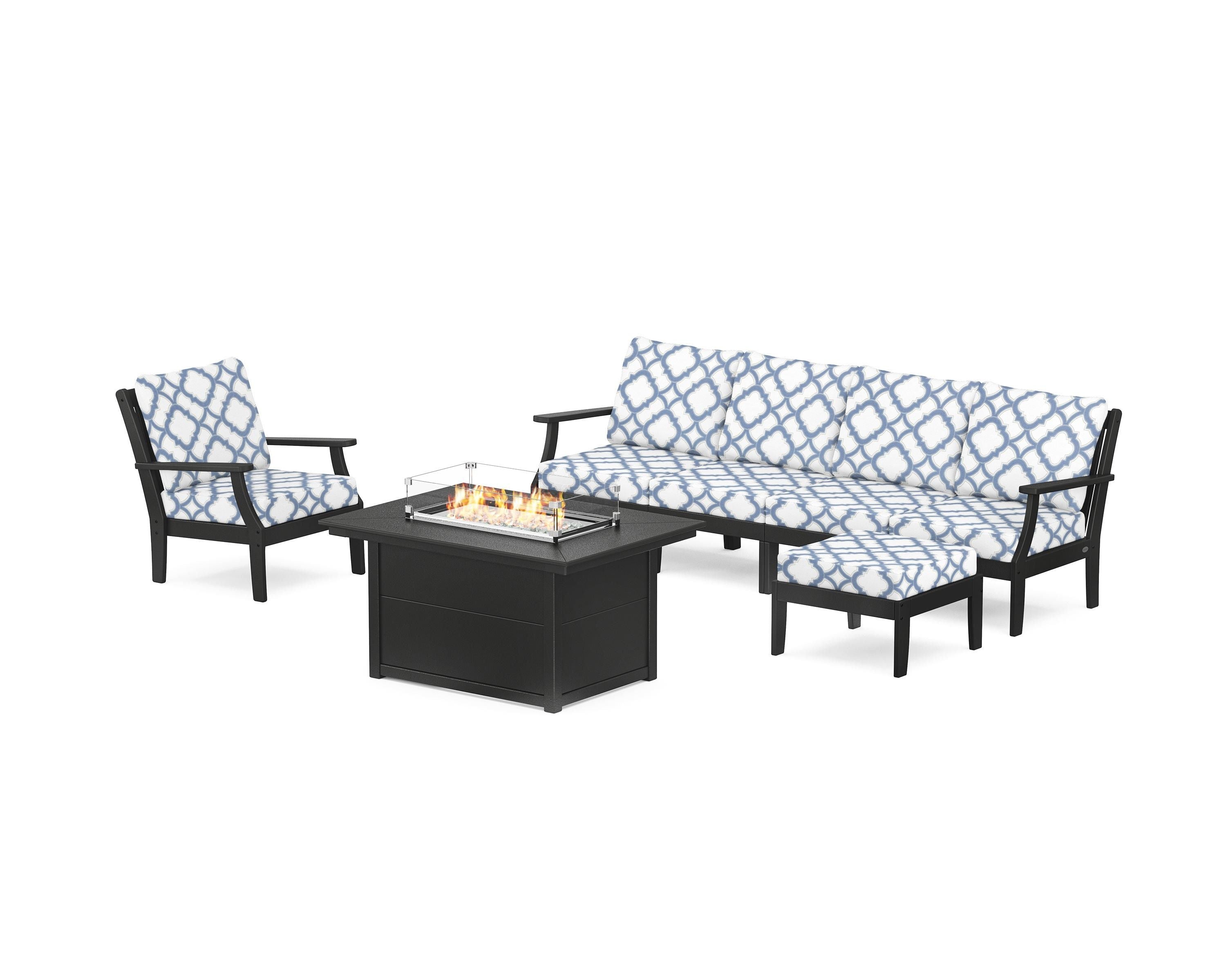 POLYWOOD® Braxton Sectional Lounge and Fire Pit Set in Black / Trellis Sky Blue
