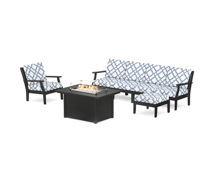 POLYWOOD® Braxton Sectional Lounge and Fire Pit Set in Black / Trellis Sky Blue