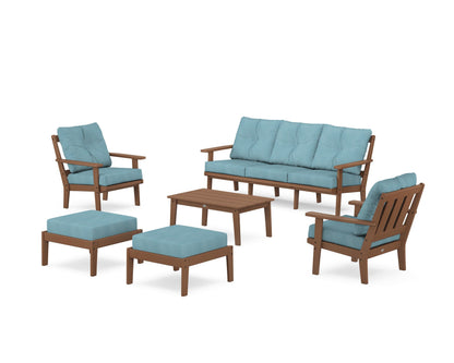 POLYWOOD® Oxford 6-Piece Lounge Sofa Set in Teak / Lattice Sky Blue