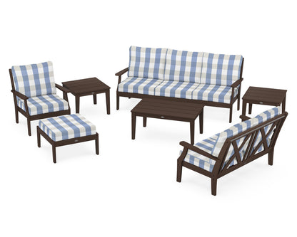 POLYWOOD® Braxton 7-Piece Deep Seating Set in Mahogany / Buffalo Plaid Sky Blue