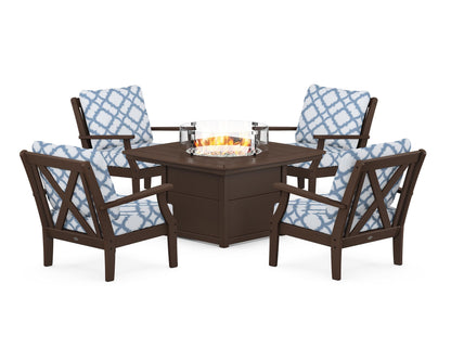 POLYWOOD® Braxton 5-Piece Deep Seating Conversation Set with Fire Pit Table in Mahogany / Trellis Sky Blue