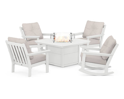 POLYWOOD® Vineyard 5-Piece Deep Seating Rocking Chair Conversation Set with Fire Pit Table in White / Dune Burlap