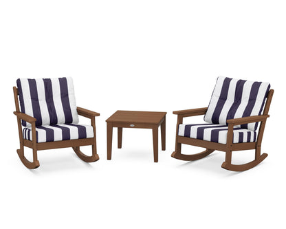 POLYWOOD® Vineyard 3-Piece Deep Seating Rocker Set in Teak / Cabana Stripe Navy