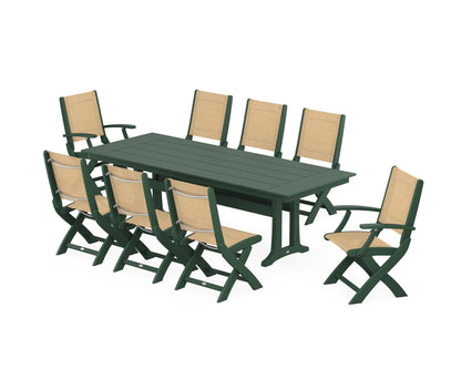 POLYWOOD® Coastal 9-Piece Folding Dining Chair Farmhouse Dining Set with Trestle Legs in Green / Dupioni Apricot Sling