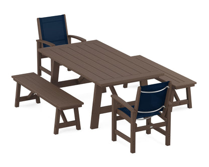 POLYWOOD® Coastal 5-Piece Rustic Farmhouse Dining Set With Benches in Mahogany / Navy Blue Sling