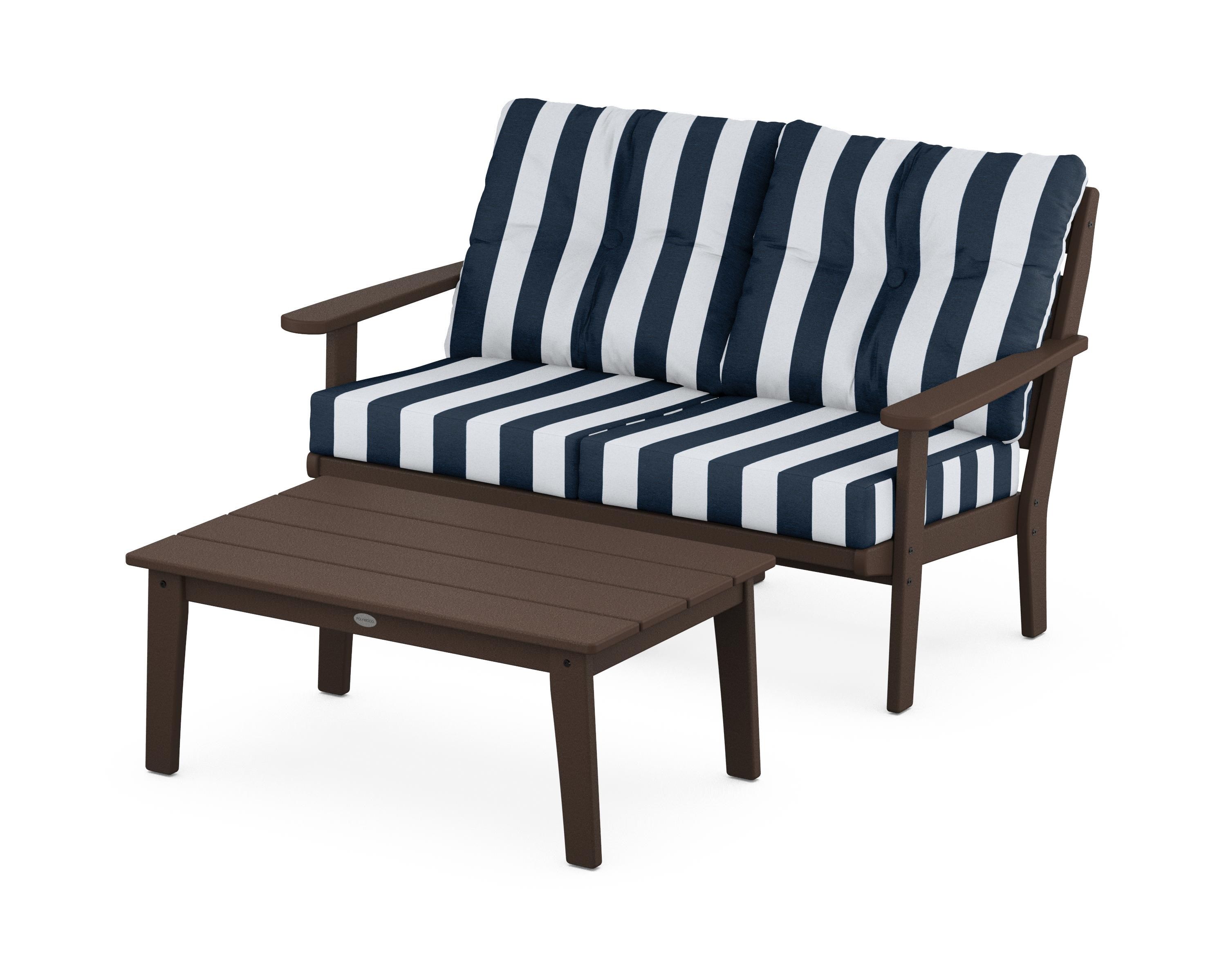 POLYWOOD® Lakeside 2-Piece Lounge Loveseat Set in Mahogany / Cabana Stripe Marine Indigo