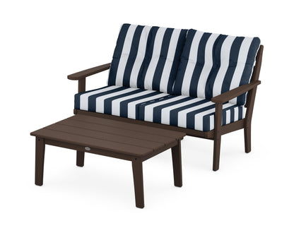 POLYWOOD® Lakeside 2-Piece Lounge Loveseat Set in Mahogany / Cabana Stripe Marine Indigo