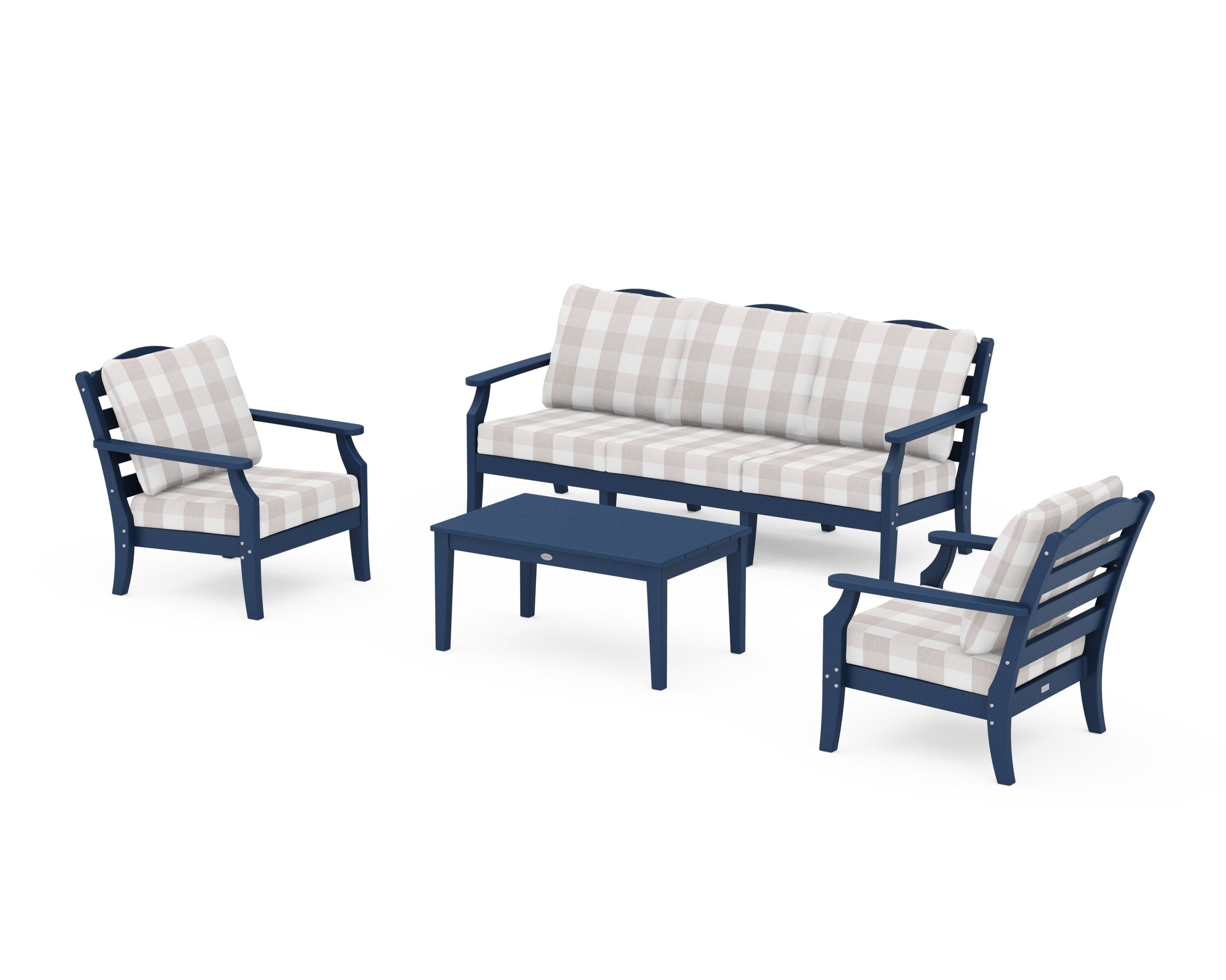 Draper James™ by  POLYWOOD® Savannah 4-Piece Deep Seating Set with Sofa in Navy / Buffalo Plaid Dune Burlap
