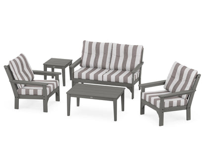 POLYWOOD® Vineyard 5-Piece Deep Seating Set in Slate Grey / Cabana Stripe Grey Mist