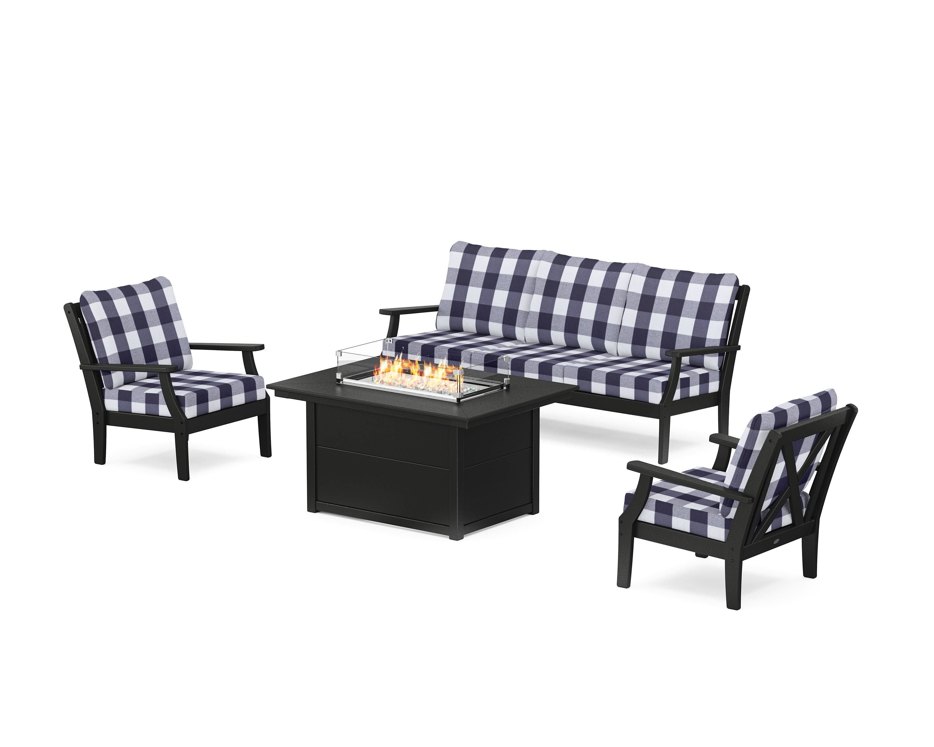 POLYWOOD® Braxton Deep Seating Fire Pit Table Set in Black / Buffalo Plaid Navy