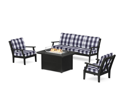 POLYWOOD® Braxton Deep Seating Fire Pit Table Set in Black / Buffalo Plaid Navy