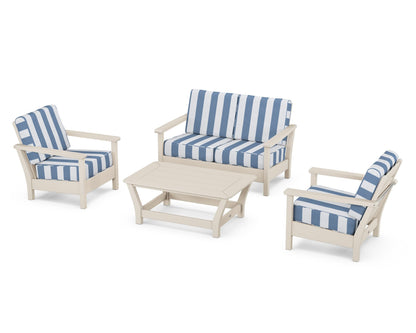 POLYWOOD® Harbour 4-Piece Deep Seating Set in Sand / Cabana Stripe Sky Blue