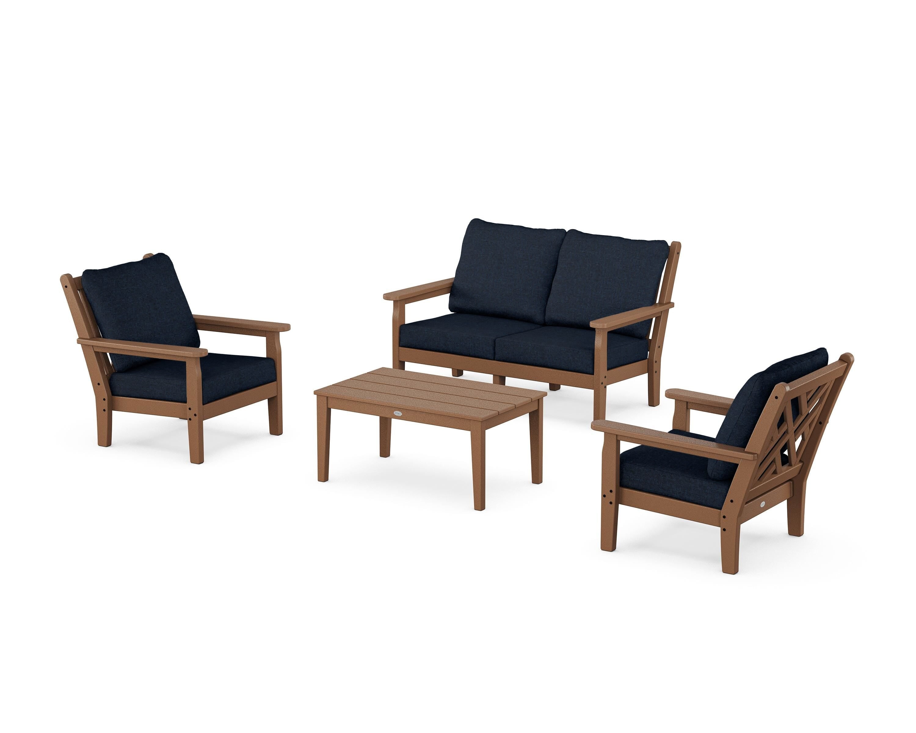 POLYWOOD® Chippendale 4-Piece Deep Seating Set with Loveseat in Teak / Marine Indigo