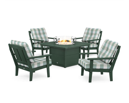 POLYWOOD® Mission 5-Piece Deep Seating Set with Fire Pit Table in Green / Buffalo Plaid Glacier Spa