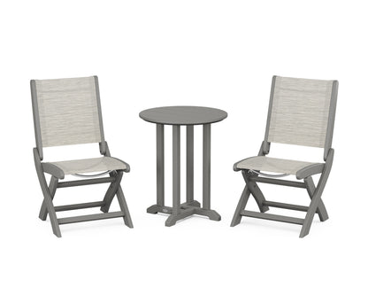 POLYWOOD® Coastal Folding Side Chair 3-Piece Round Bistro Dining Set in Slate Grey / Birch Sling