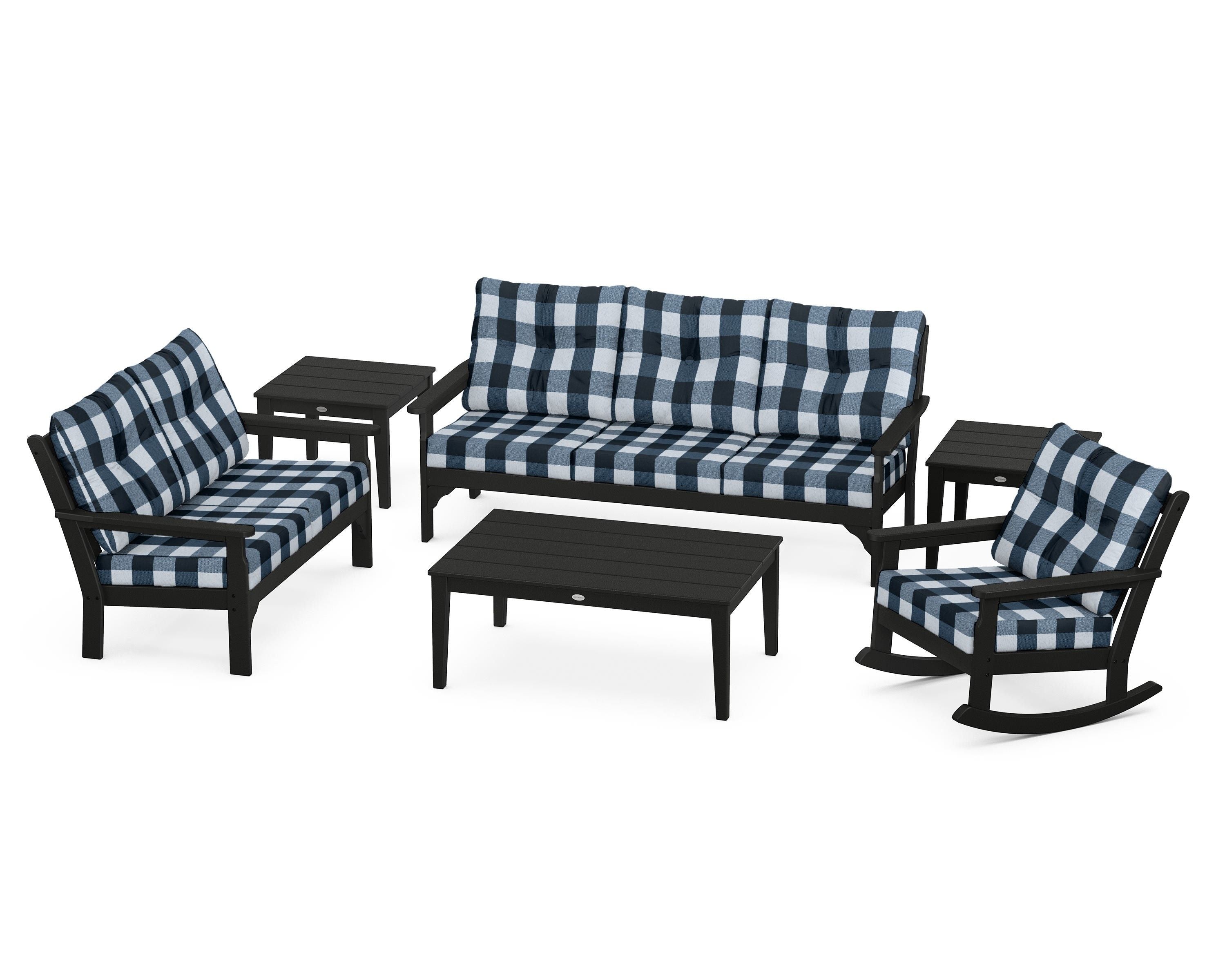 POLYWOOD® Vineyard 6-Piece Deep Seating Set in Black / Buffalo Plaid Marine Indigo