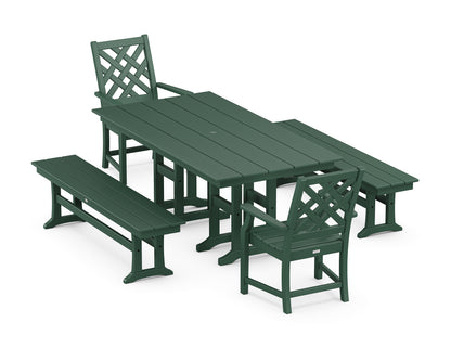 Country Living Wovendale 5-Piece Farmhouse Dining Set with Benches in Green