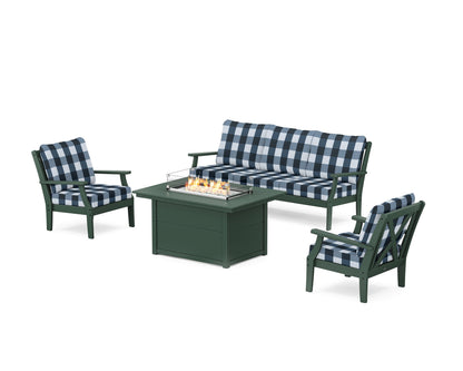 POLYWOOD® Braxton Deep Seating Fire Pit Table Set in Green / Buffalo Plaid Marine Indigo