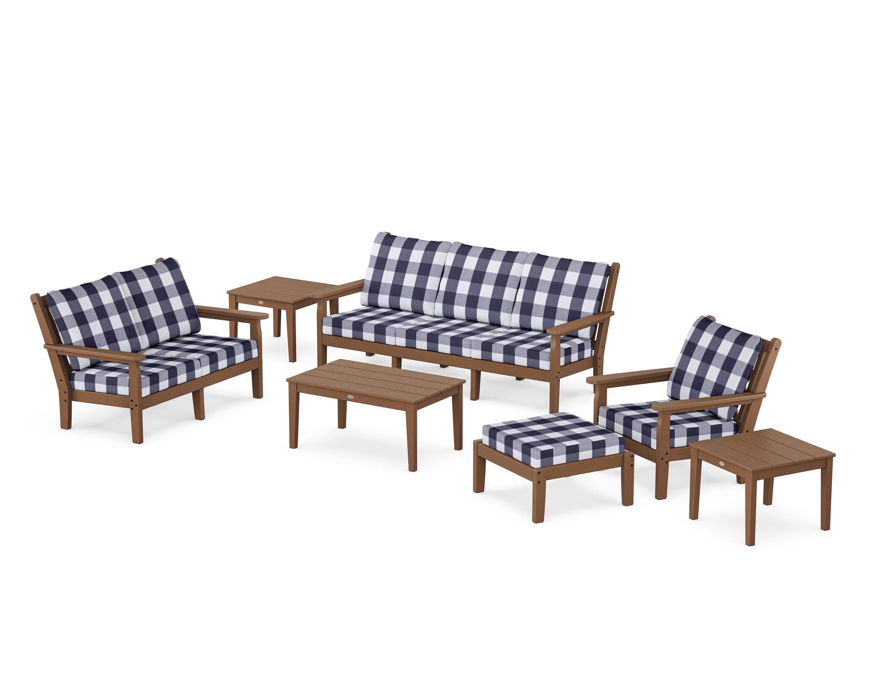 POLYWOOD® Chippendale 7-Piece Deep Seating Set in Teak / Buffalo Plaid Navy