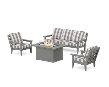 Country Living Cottage Deep Seating Fire Pit Table Set in Slate Grey / Cabana Stripe Grey Mist