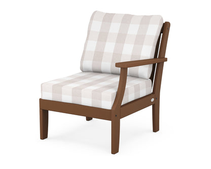 POLYWOOD® Braxton Modular Right Arm Chair in Teak / Buffalo Plaid Dune Burlap