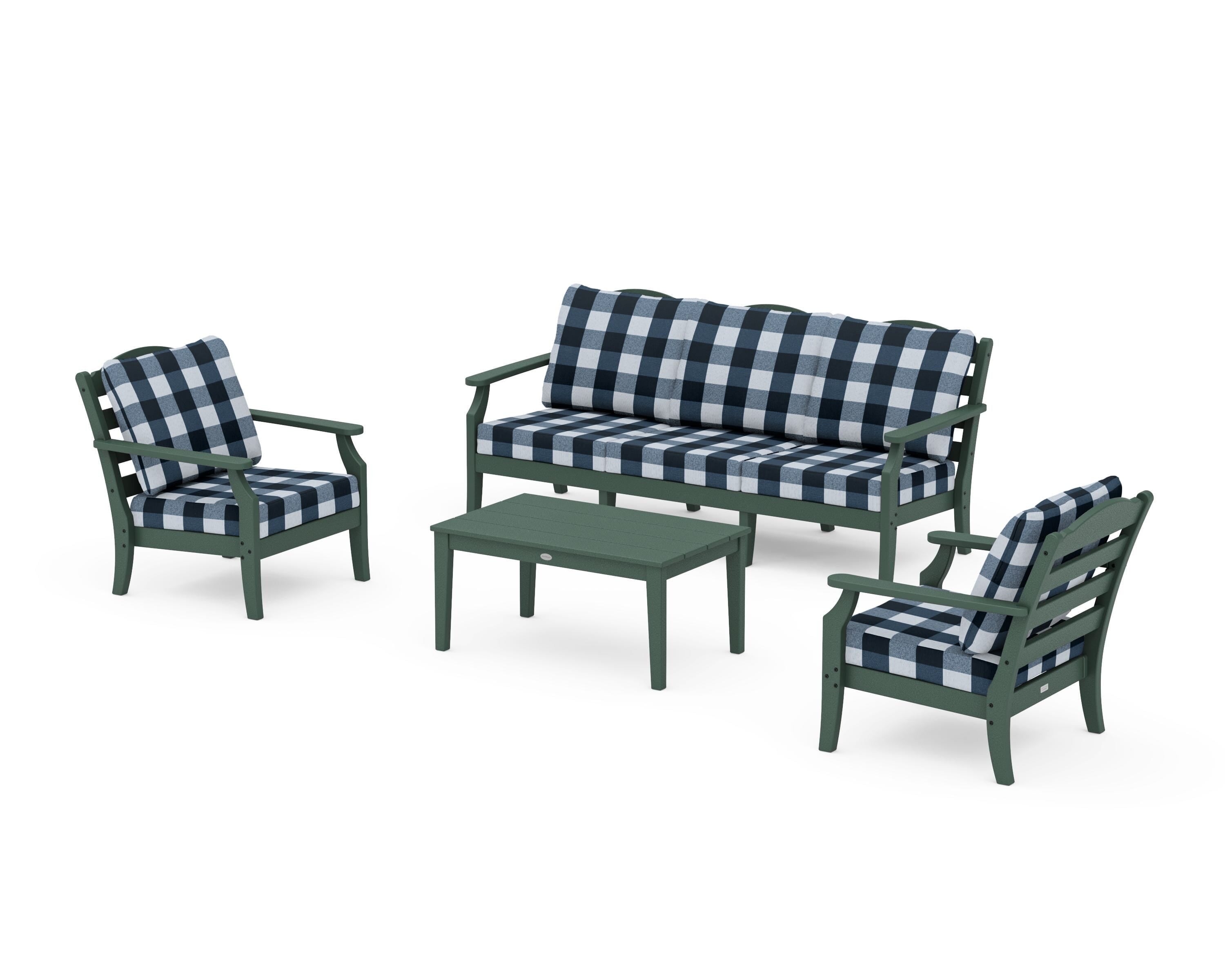 Draper James™ by  POLYWOOD® Savannah 4-Piece Deep Seating Set with Sofa in Green / Buffalo Plaid Marine Indigo