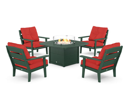 POLYWOOD® Lakeside 5-Piece Deep Seating Set with Nautical Fire Pit Table in Green / Crimson Linen