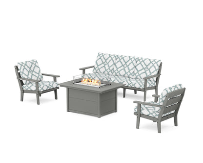 POLYWOOD® Lakeside Deep Seating Fire Pit Table Set in Slate Grey / Trellis Glacier Spa