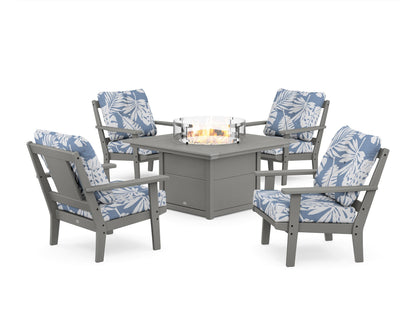 POLYWOOD® Prairie 5-Piece Deep Seating Set with Fire Pit Table in Slate Grey / Leaf Sky Blue