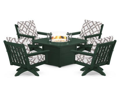POLYWOOD® Vineyard 5-Piece Deep Seating Swivel Conversation Set with Fire Pit Table in Green / Trellis Grey Mist