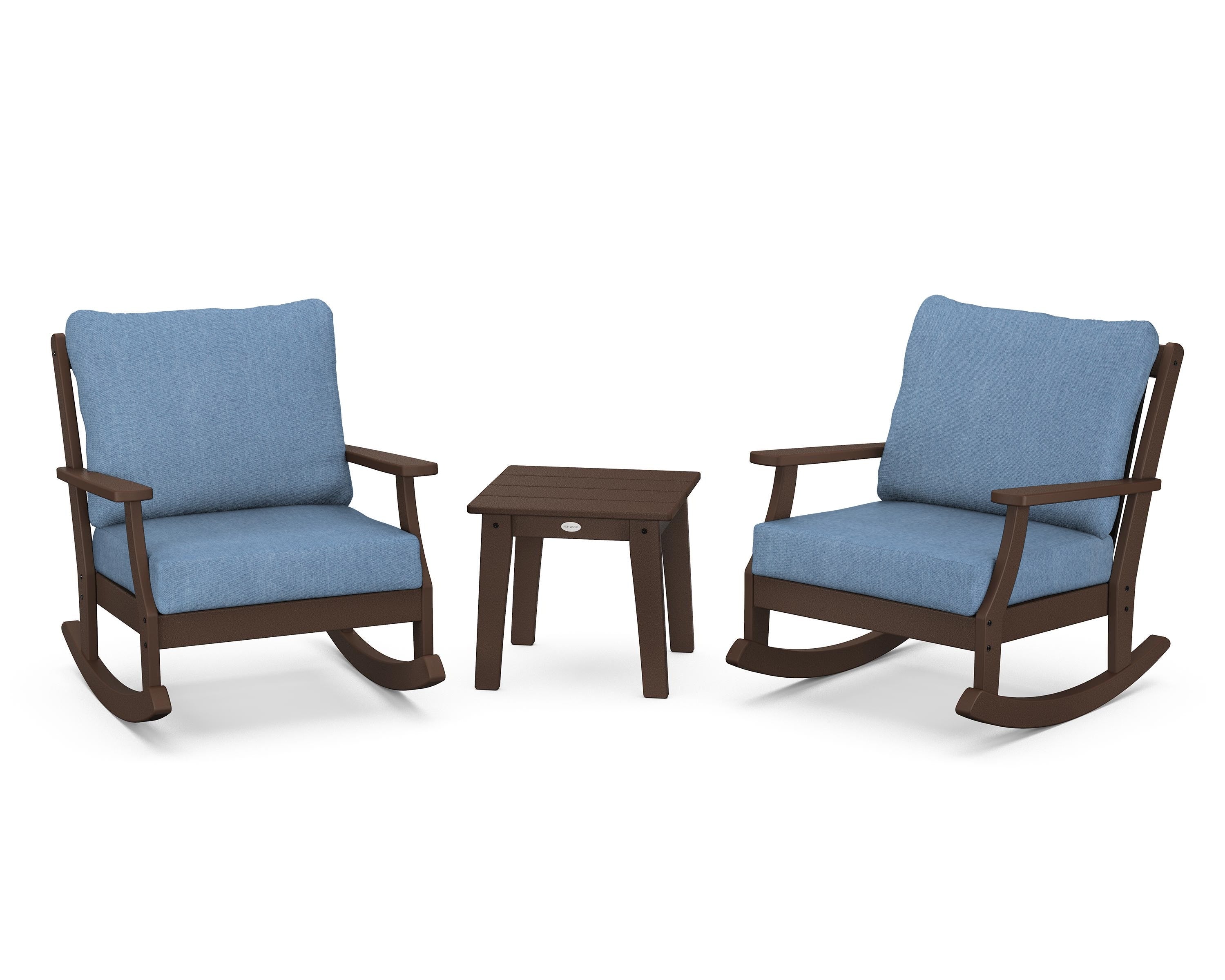POLYWOOD® Braxton 3-Piece Deep Seating Rocker Set in Mahogany / Sky Blue