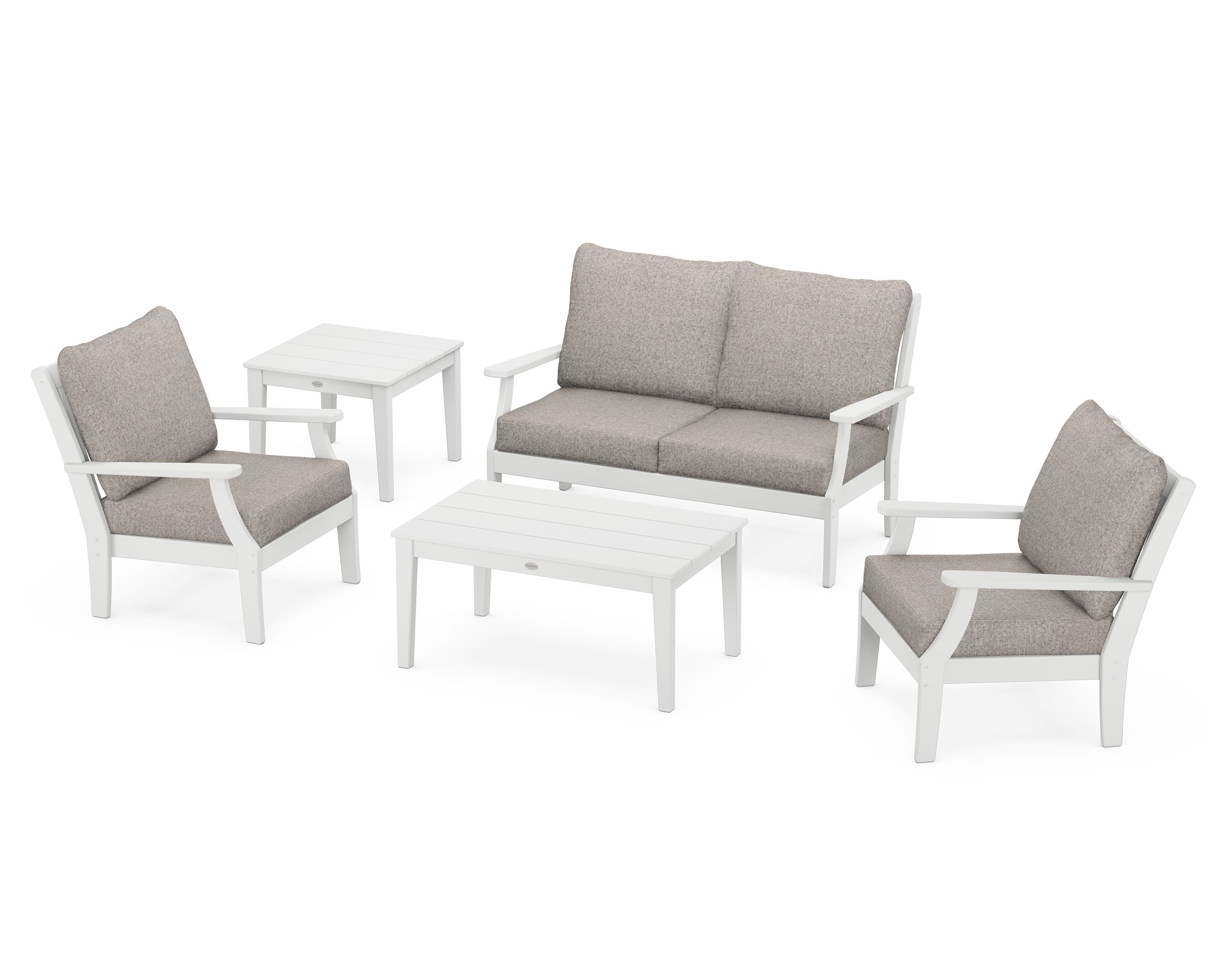 POLYWOOD® Braxton 5-Piece Deep Seating Set in White / Weathered Tweed