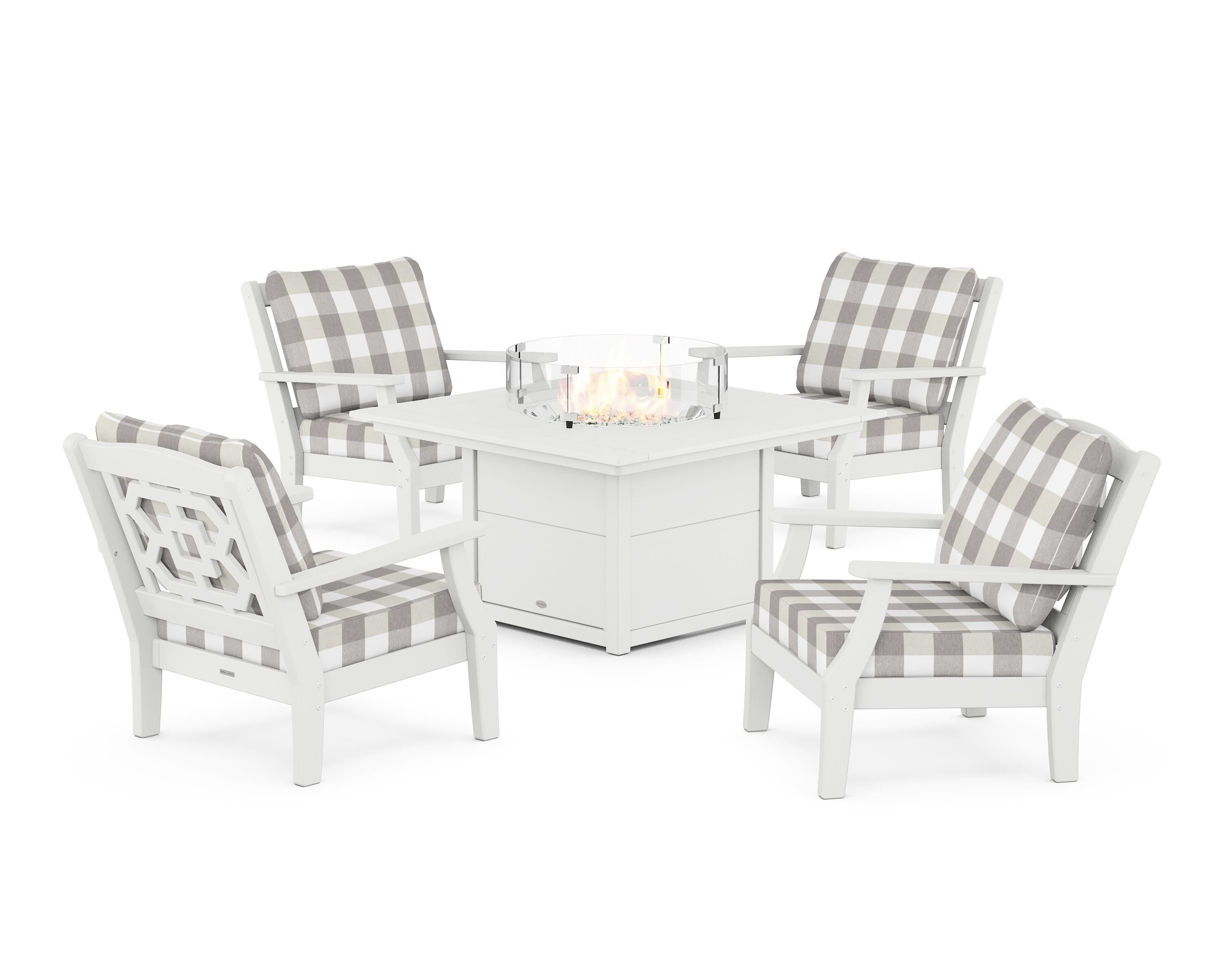 Martha Stewart by POLYWOOD® Chinoiserie 5-Piece Deep Seating Set with Fire Pit Table in White / Buffalo Plaid Grey Mist