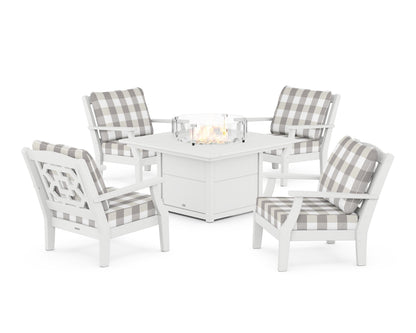 Martha Stewart by POLYWOOD® Chinoiserie 5-Piece Deep Seating Set with Fire Pit Table in White / Buffalo Plaid Grey Mist